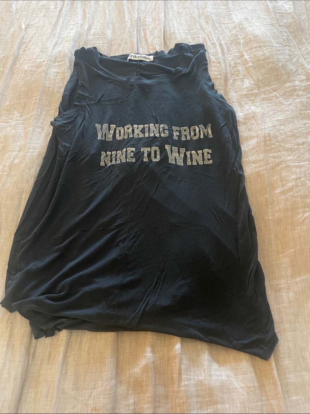 Black Muscle Tee with 'Working From Nine to Wine' Graphic